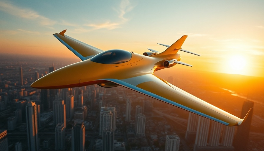 Electra Ultra Short Aircraft flying over city at sunset.