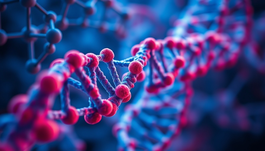 Microscopic DNA strands in blue and red, AI in Oncology concept.