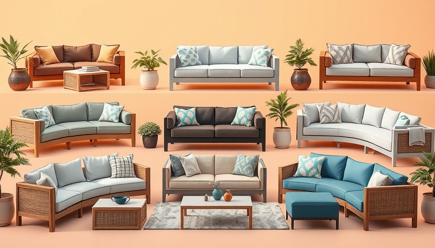 Collage of stylish outdoor sofas in various designs.