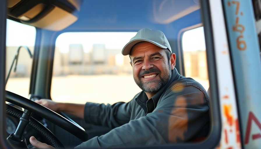Confident truck driver in Africa trade smiling warmly inside truck.