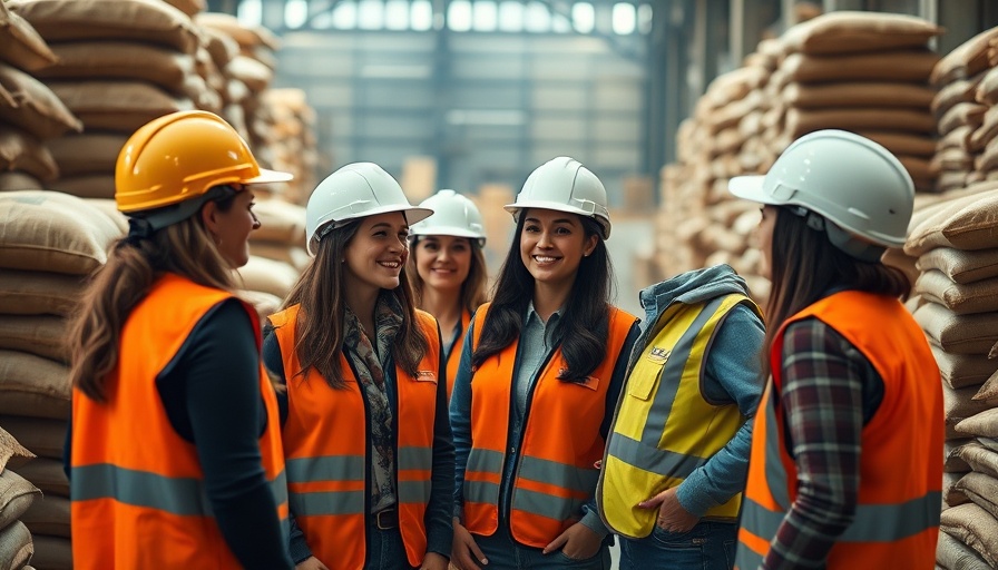 Women discussing Africa trade in a warehouse with burlap sacks.