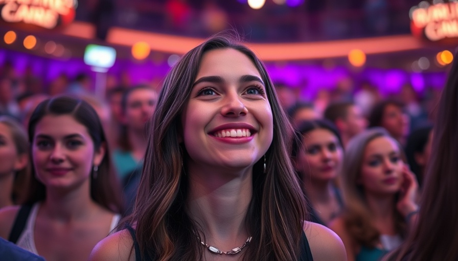 Young woman smiling at an event, vibrant atmosphere.
