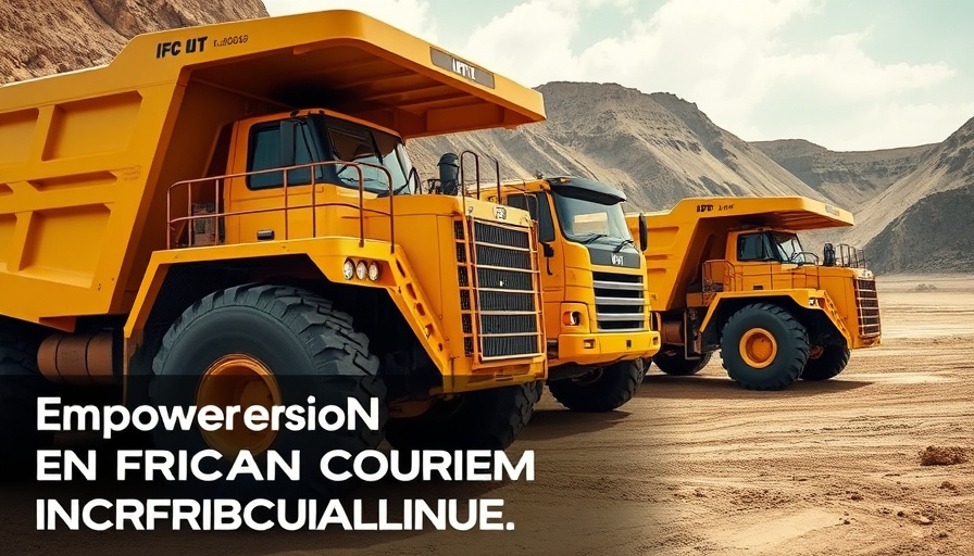 Promotional graphic for African trade conference with construction vehicles.