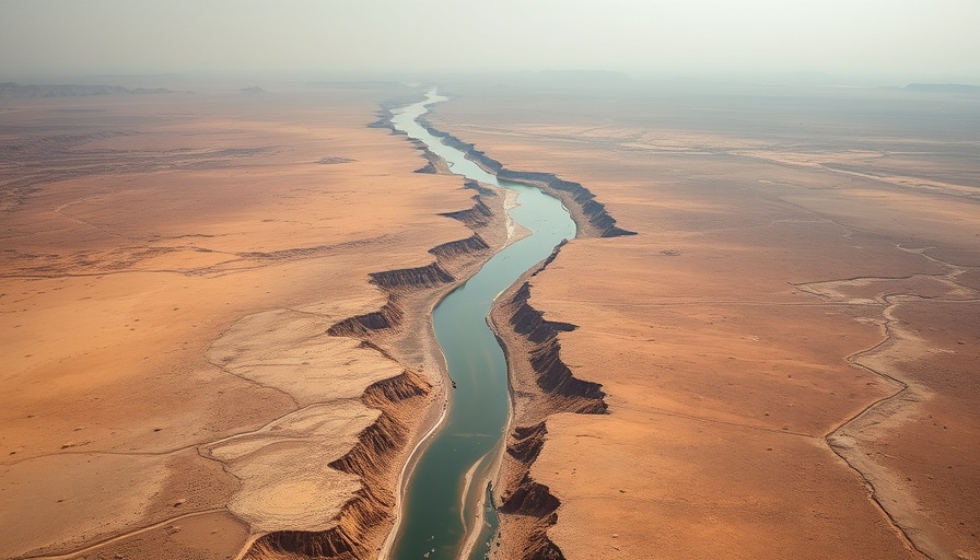 Aerial view of a diminishing river in a desert landscape illustrating the global water crisis.