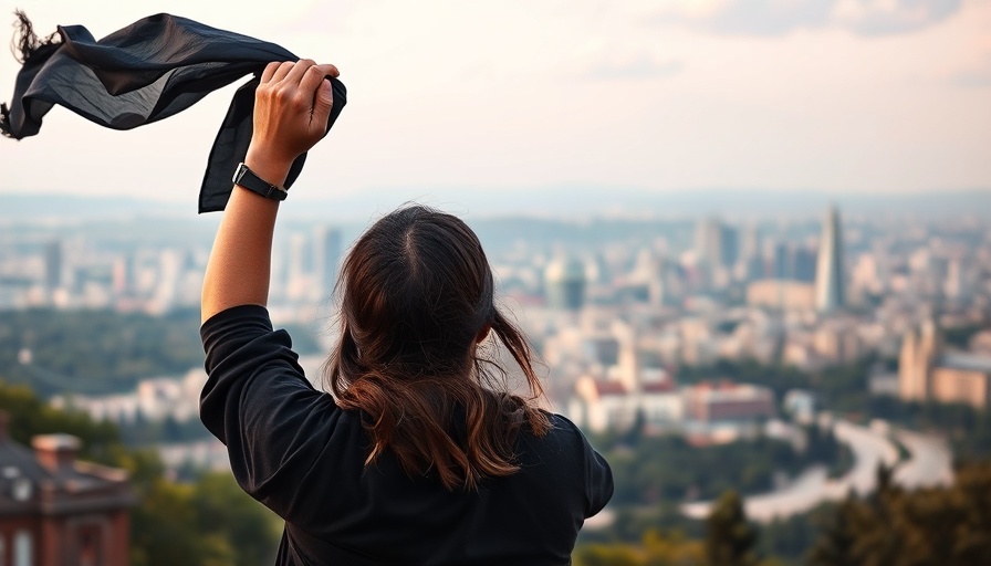 Woman expressing protest freedom overlooking cityscape.