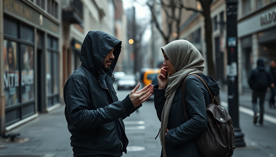Urban street encounter under gray skies with Turkish student and implications.
