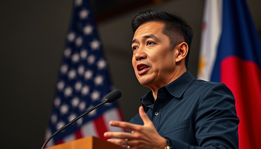 Dynamic speaker with U.S.-Philippines flags backdrop, U.S.-Philippines Alliance.