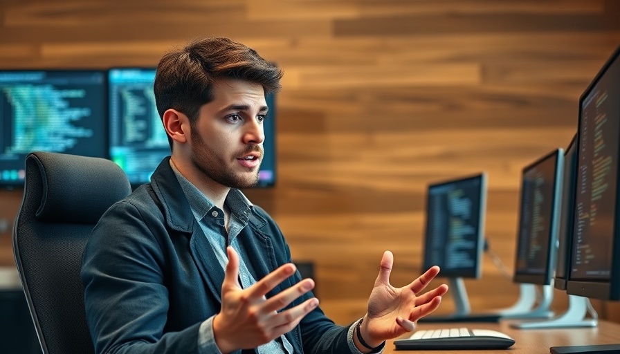Young man explaining Text-to-SQL AI agent in modern office.