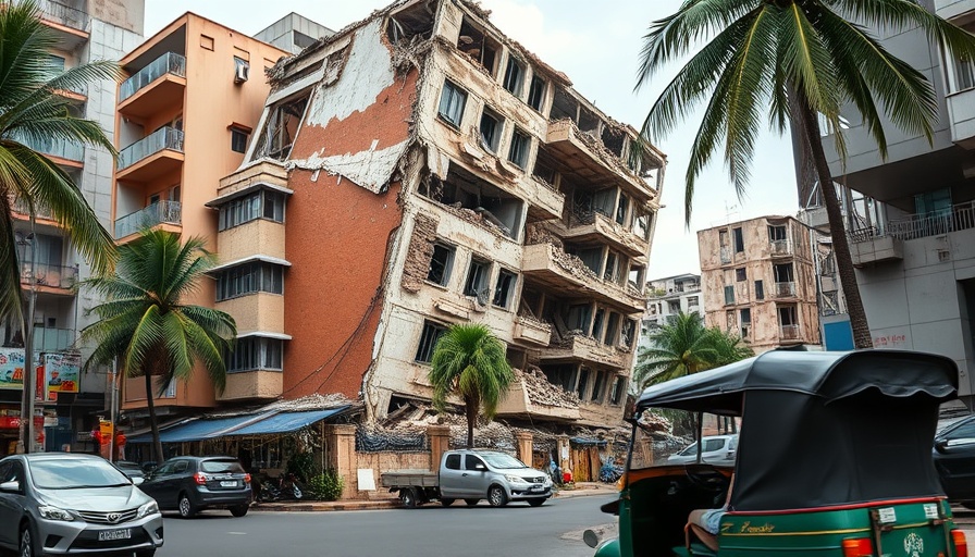 Myanmar earthquake aftermath shows damaged building and vehicles.