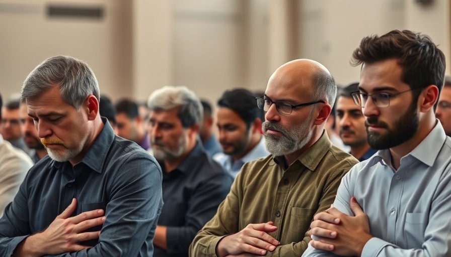 Men praying solemnly during Eid celebrations amid conflict.