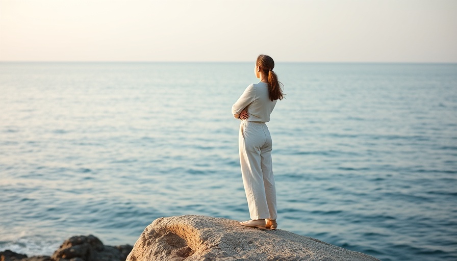 Woman in pastel outfit on coastal rock, calm sea background.