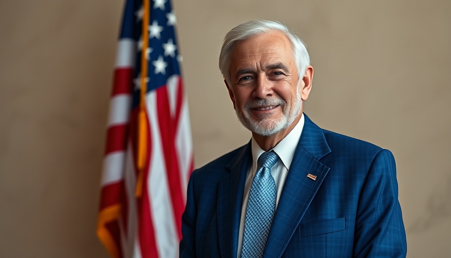 Elderly man in suit with American flag background.