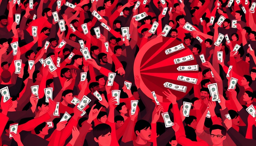 Crowdfunding transparency with OneKitty illustrated by a diverse crowd holding money in a pie chart.