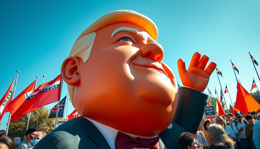 Inflatable political figure at outdoor protest related to Mexico import tax tariffs.