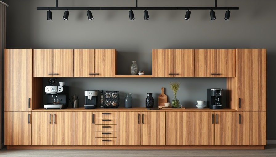 Modern wooden coffee bar cabinets in a design-forward space.