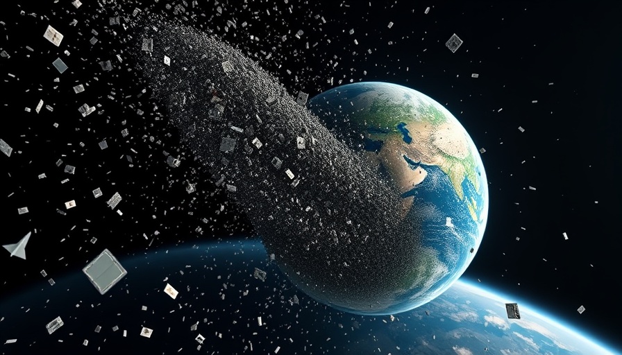 Space debris crisis: orbiting debris around Earth, wide-angle view.