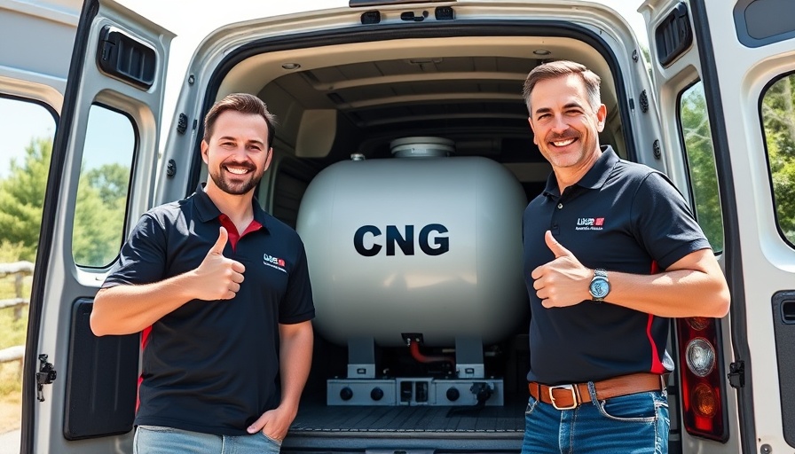 Shuttlers CNG fleet team members showcasing CNG tank with thumbs up.