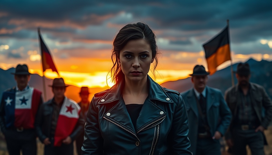 Serious woman in front of Nazi cult scene in Chile, Andes backdrop.