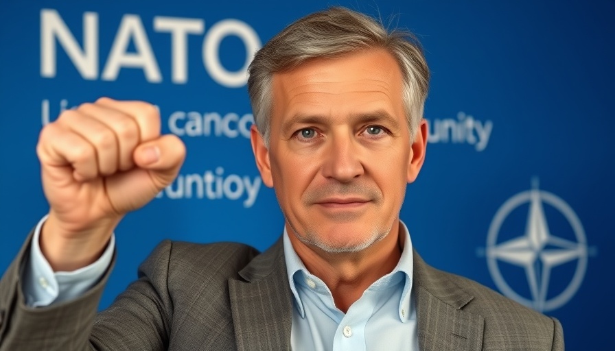 U.S. diplomat emphasizing commitment to NATO with a determined gesture.
