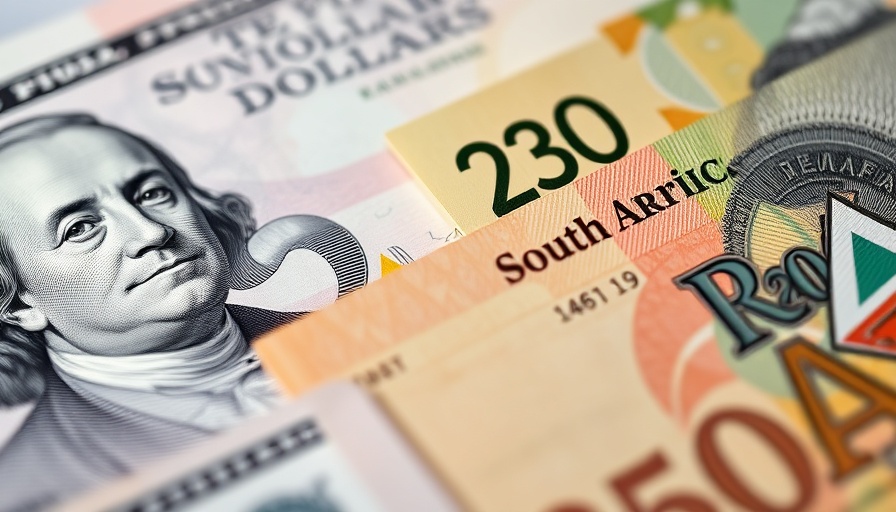 US tariffs impact on South Africa trade with dollar and rand banknotes.