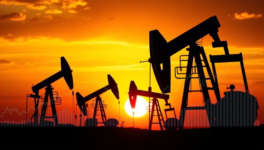 Silhouetted oil pumps with stock graphs showing oil prices drop.