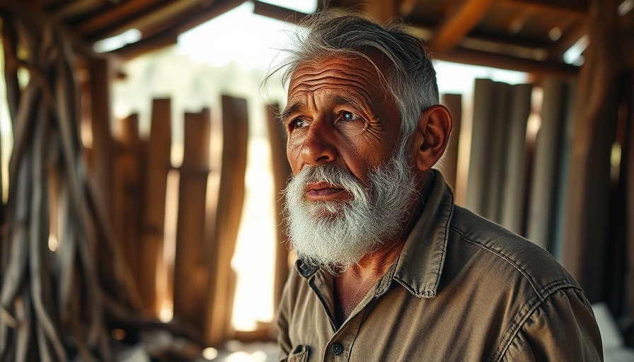 Elderly Venezuelan Indigenous migrant in rustic shelter, Brazil border context.
