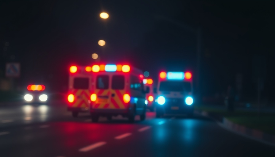 Rafah ambulance convoy attack scene at night with emergency lights.