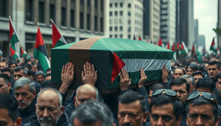 Mourners carry coffin draped with Palestinian flag in urban setting.