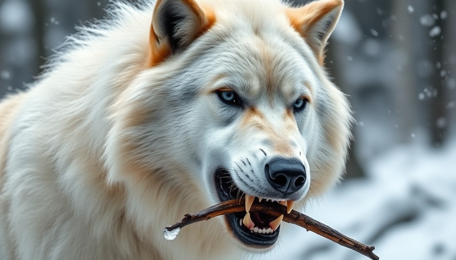 White dire wolf biting a stick in a snowy forest, representing revival of dire wolves.