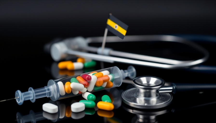 Vaccine trial symbolism: Uganda flag atop syringe with stethoscope.