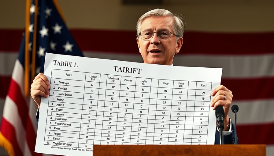Politician discussing tariffs in front of U.S. flag backdrop.