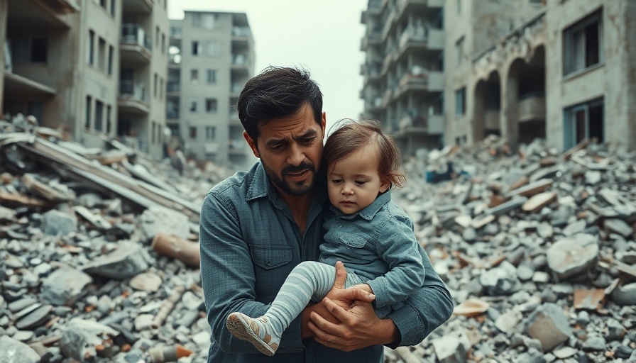 Father holding child in devastated Gaza City after Israeli bombings.