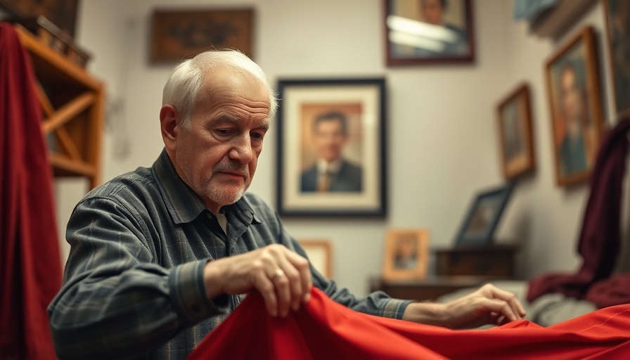 Older man arranging fabric in a warmly lit room with framed pictures.