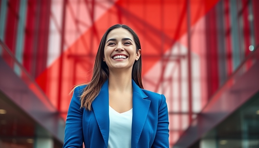 Woman smiling at Sacramento airport with modern design background.