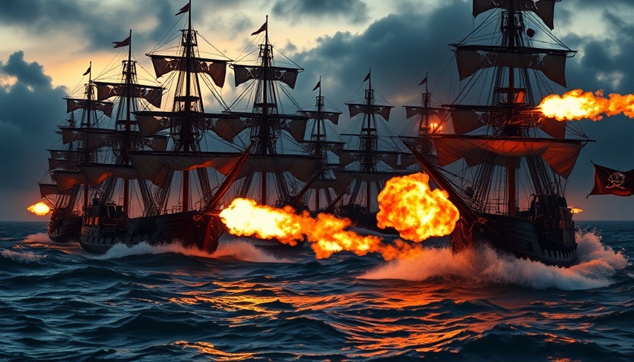 Dramatic naval battle scene exploring myth and reality of piracy.