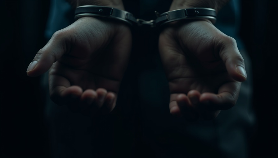 Blurry close-up of handcuffed hands depicting tension.
