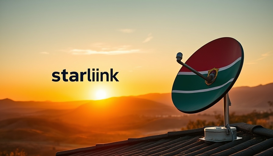 Starlink and Lesotho flag with satellite dish on roof at sunset.