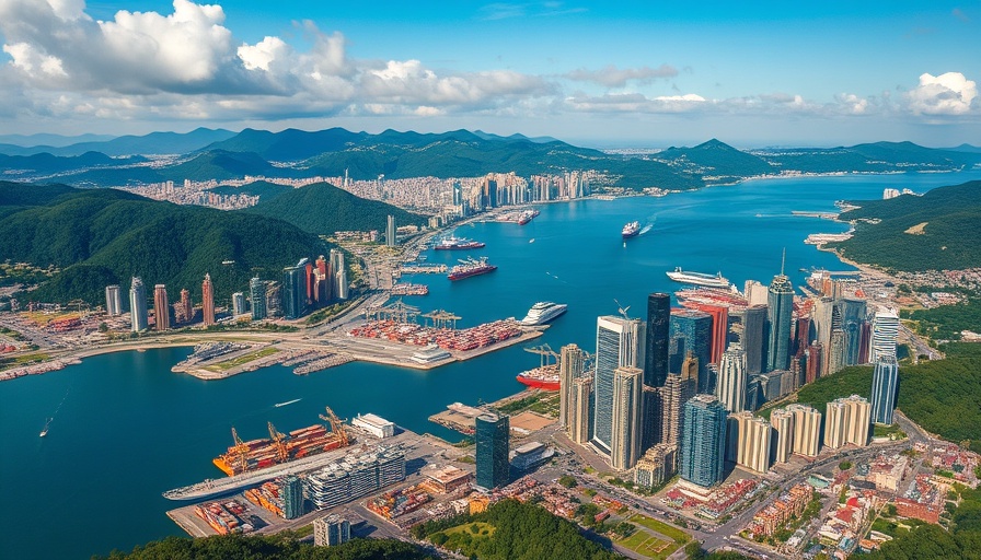 Aerial view of Mauritius Trade Hub with city, mountains, and harbor.