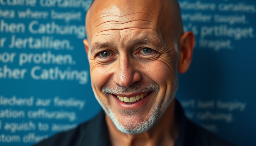 An older bald man smiling in front of a blue background with text.