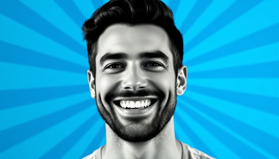 Black and white portrait of a smiling man with blue pop art background.