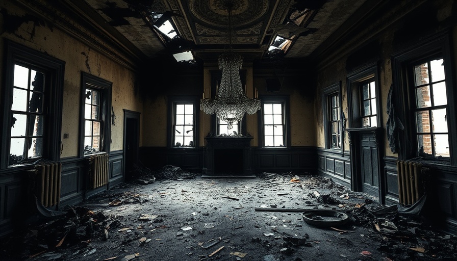 Arson damage in governor's historic home interior.