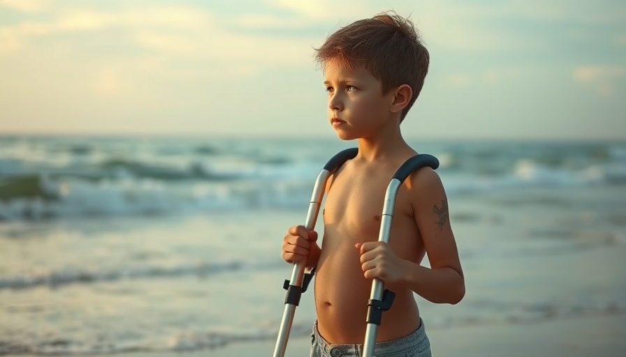 Gaza child amputee crisis: boy with crutches at the beach.