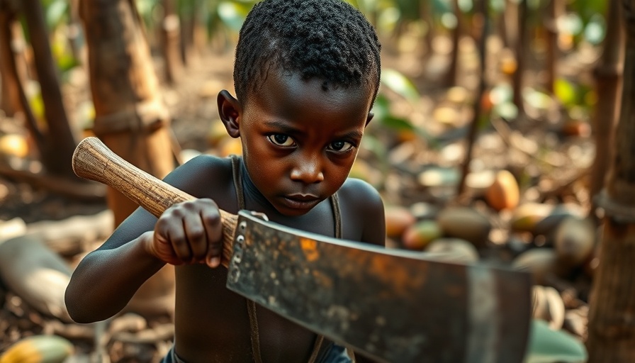 Child laborer in cocoa production using machete in farm work.