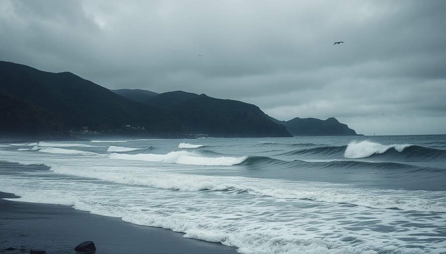 Ecuador narco-state coastline with waves and overcast sky.