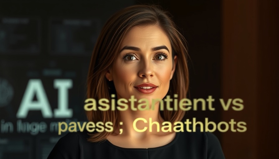 Woman explaining AI Assistants vs Chatbots on dark background.