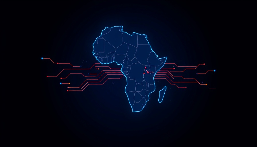Africa tech circuit illustration on dark blue, symbolizing tech growth.