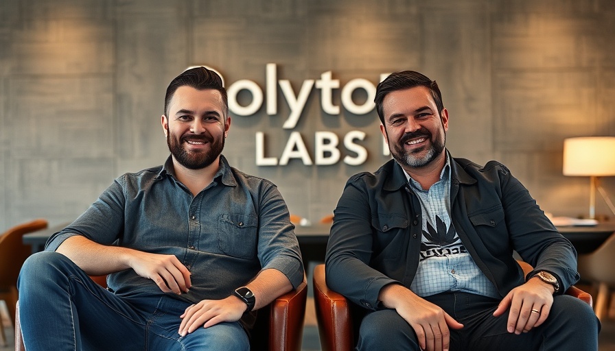 Two men sitting in front of Polytop Labs sign, casual setting.