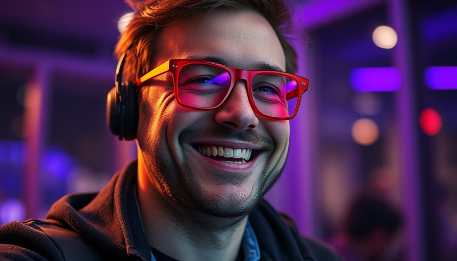 Casual man with headphones smiling in purple lit room.