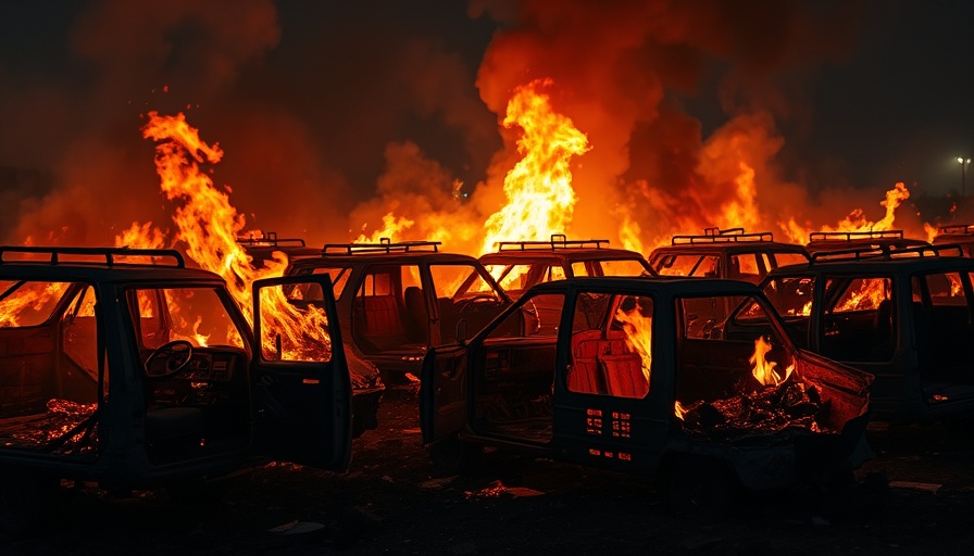 Devastating aftermath of US air strikes in Yemen showing burnt vehicles.
