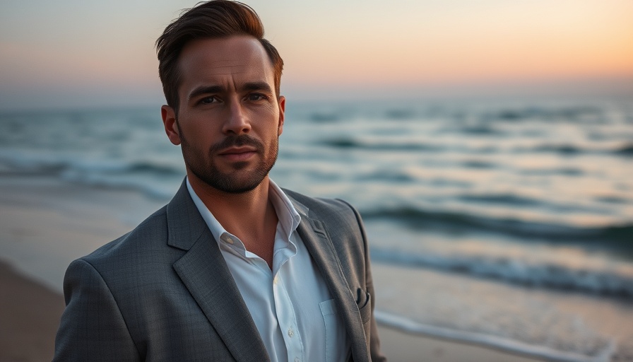 Well-dressed man standing by the coast at dusk with soft lighting